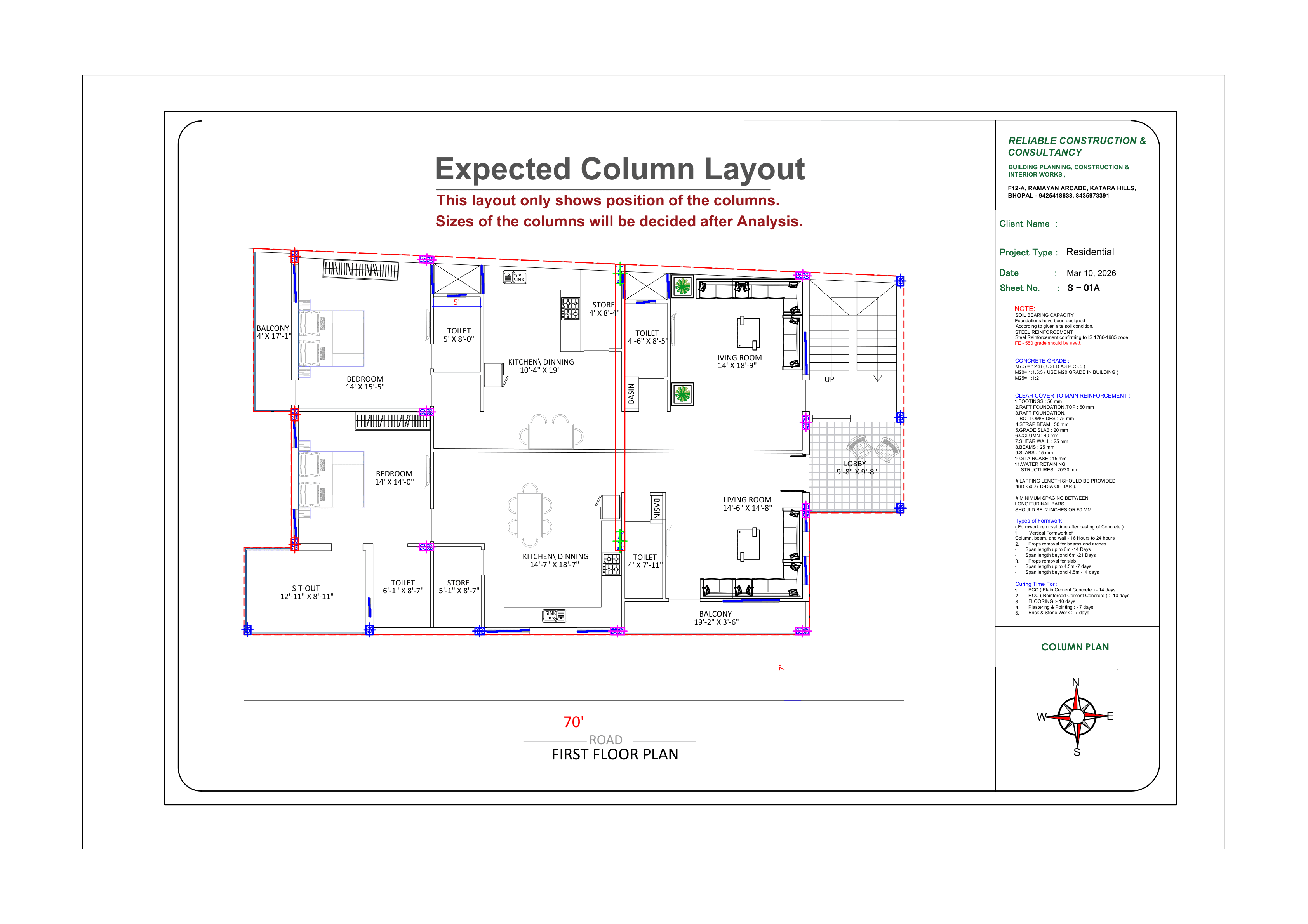 Expected column layout over the first floor plan, marking column positions