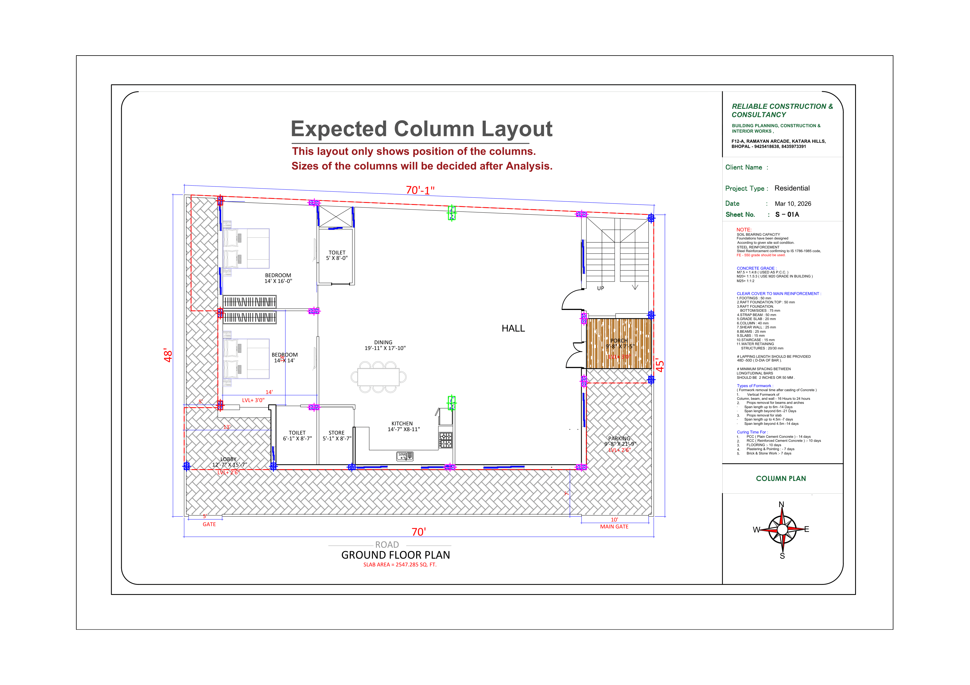 Expected column layout over the ground floor plan, marking column positions