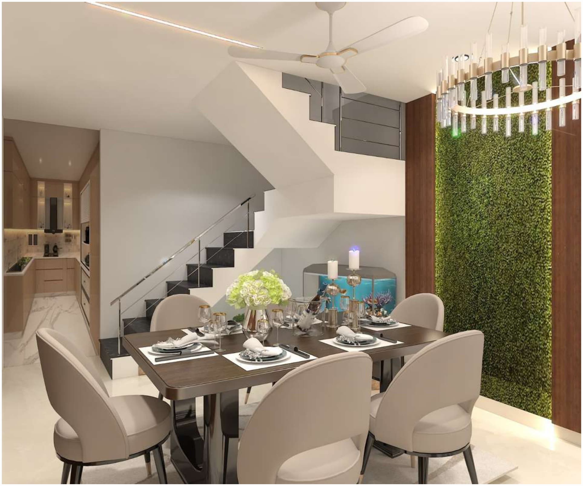 Dining area 3D render: dining table set for six beneath a crystal chandelier, staircase and living moss wall behind