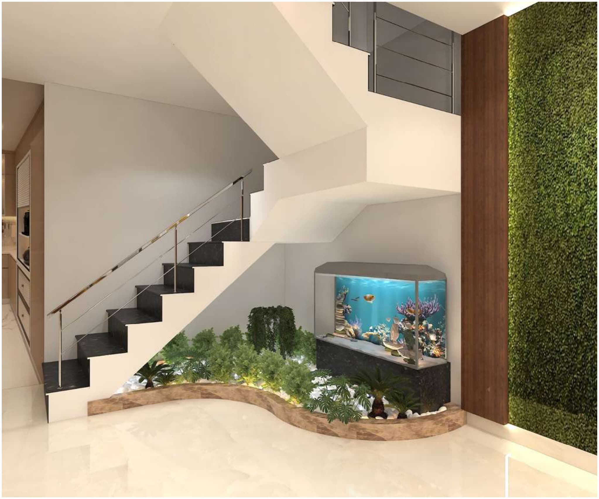 Dining area 3D render: under-stair planter with an aquarium feature built into the landscaped niche