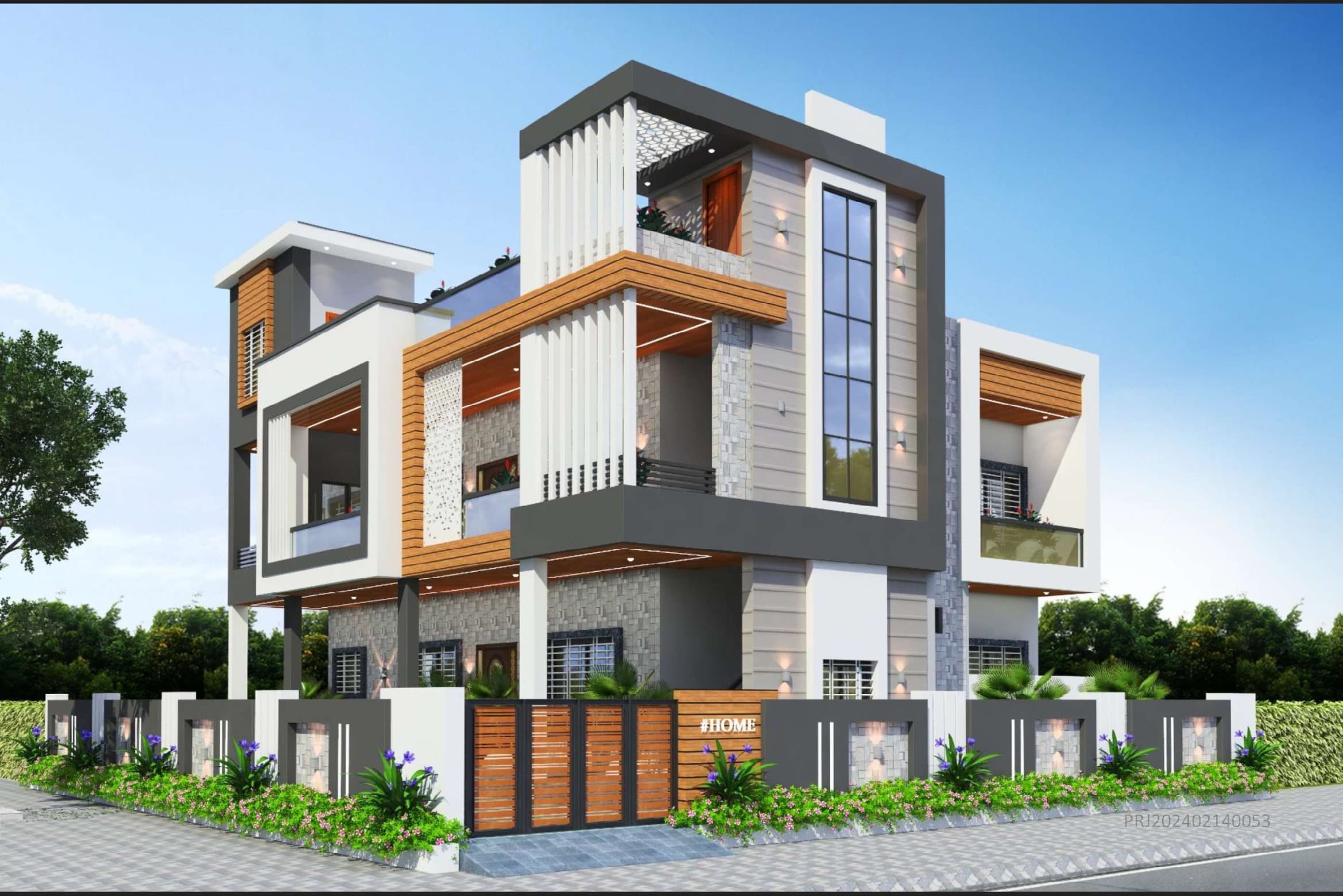 3D exterior elevation render: three-storey corner residence with grey and wood cladding, stone feature walls, and a slatted compound gate