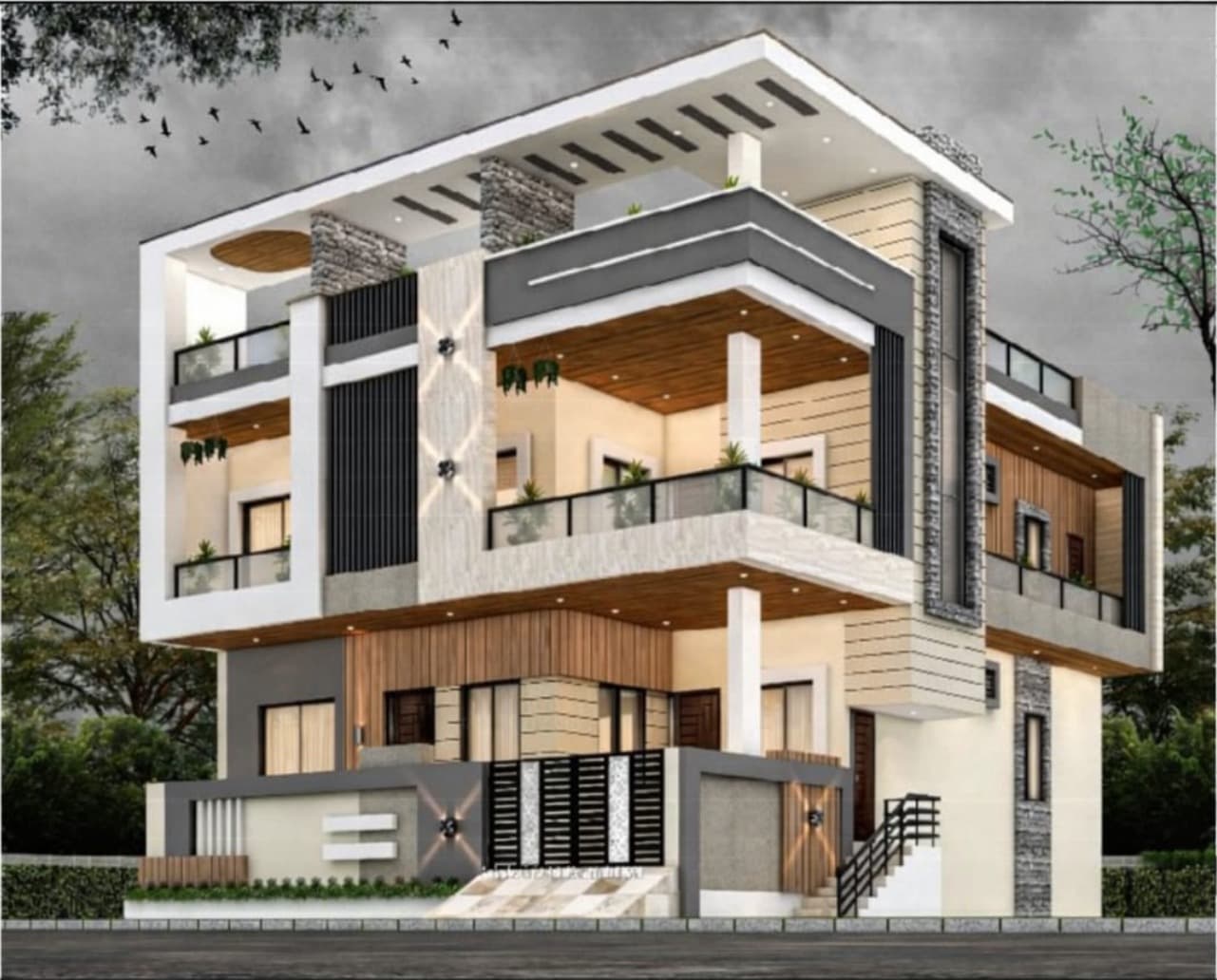 3D exterior elevation render: corner residence with cantilevered balconies, dark louvered panels, and stone-clad columns