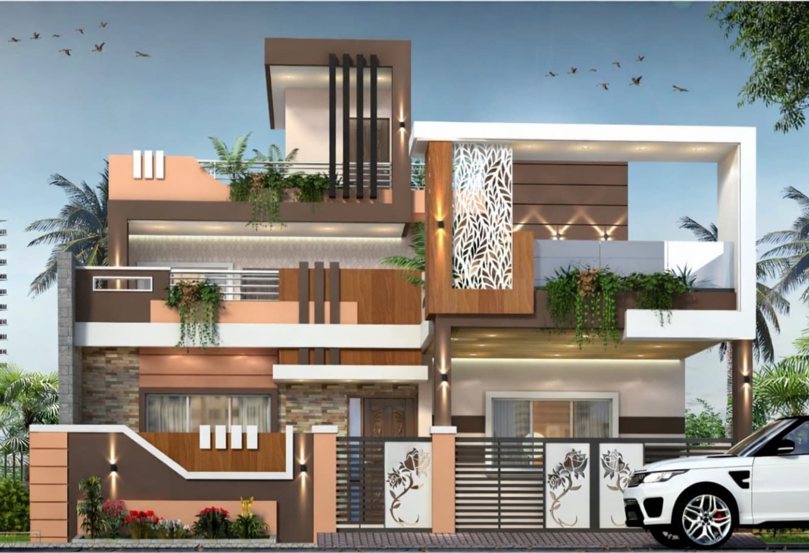 3D exterior elevation render: front facade in brown and peach tones with a decorative jali panel, planters, and a patterned compound wall