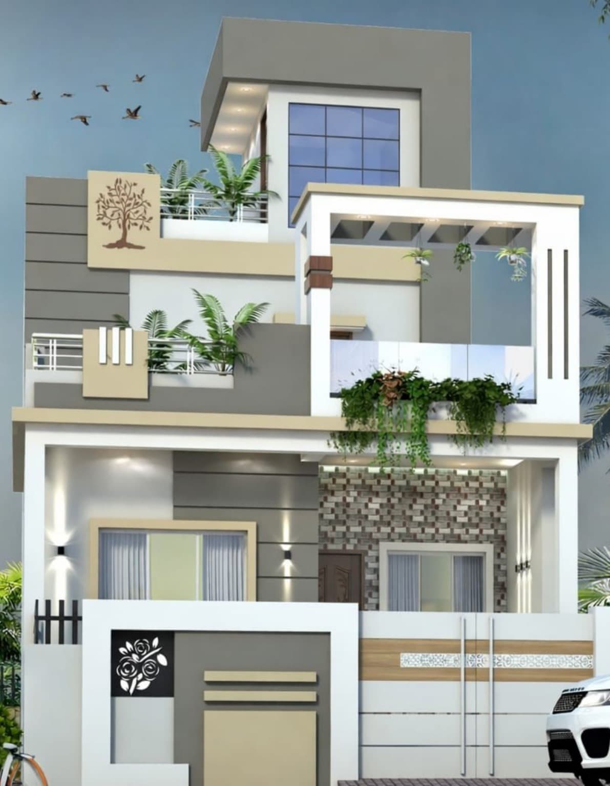 3D exterior elevation render: grey and beige front facade with a tree motif panel, stacked balconies, and stone-tile cladding