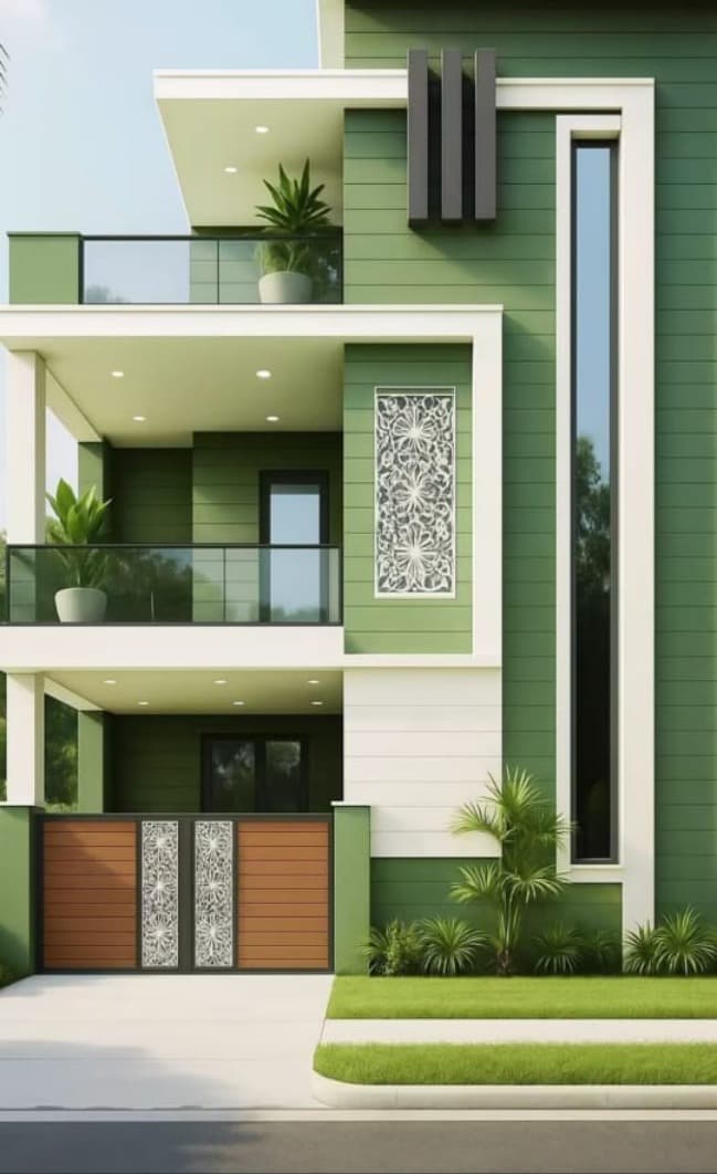 3D exterior elevation render: green and white facade with glass balcony railings, a tall slim window, and a carved jali panel