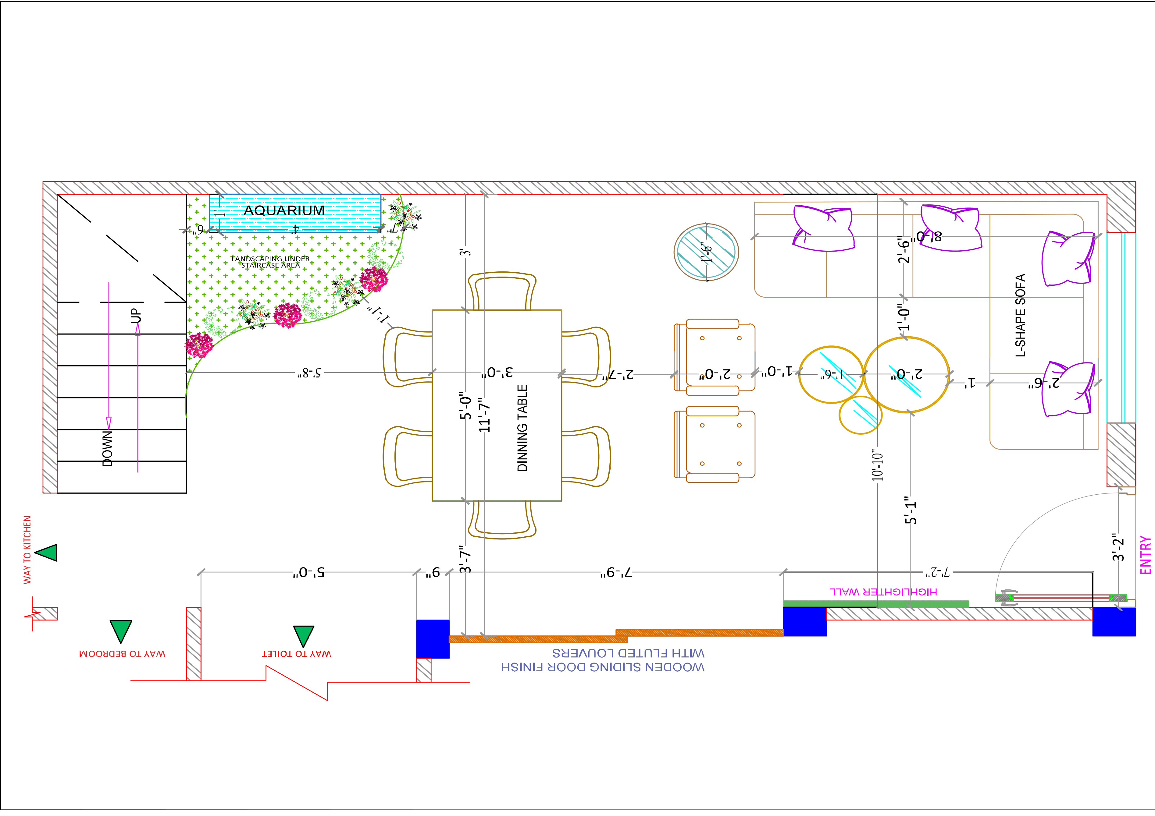 Floor and furniture layout plan showing the dining table, sofa, aquarium and staircase placement