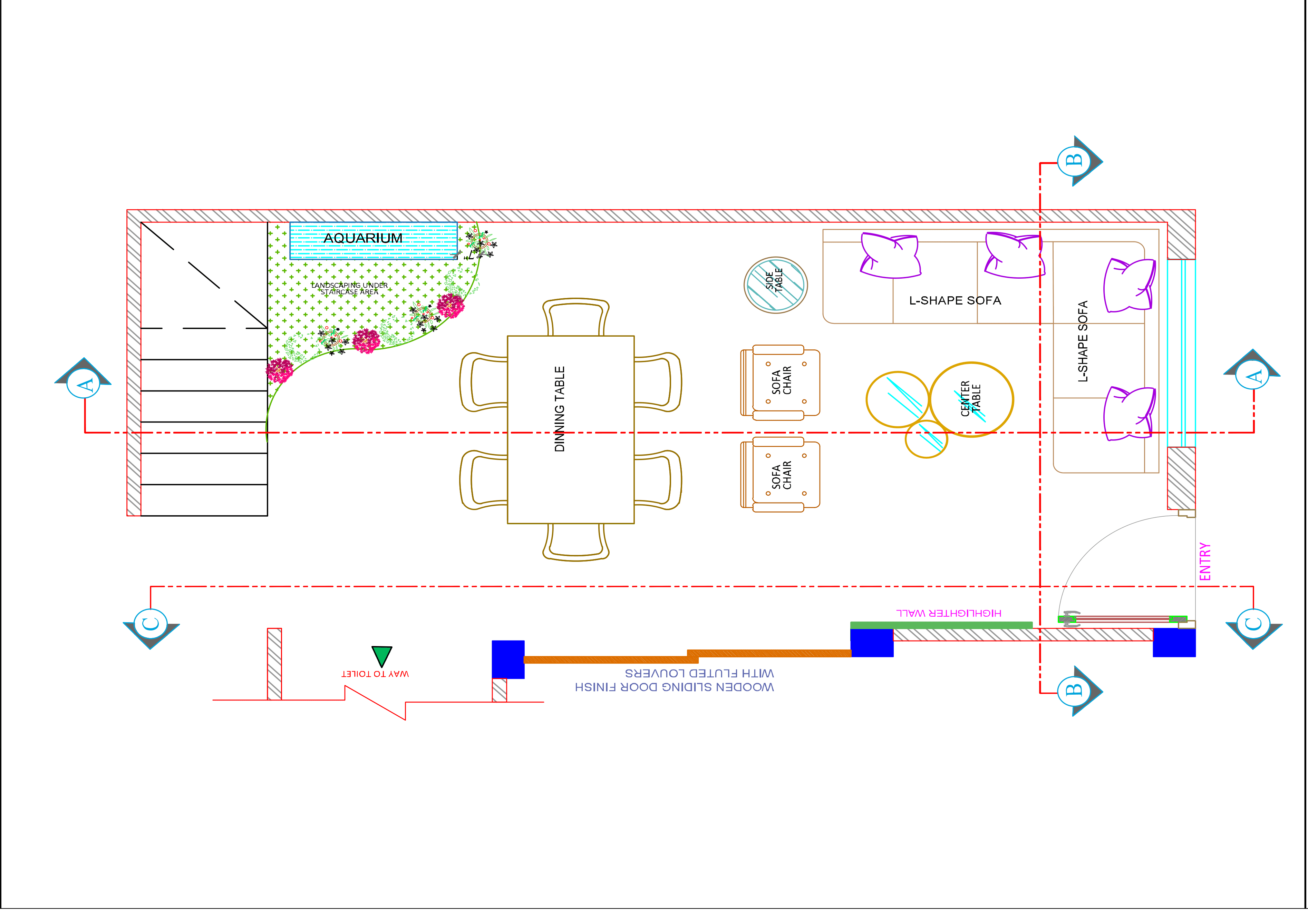Floor plan marked with section cuts, showing the furniture layout and room entry points