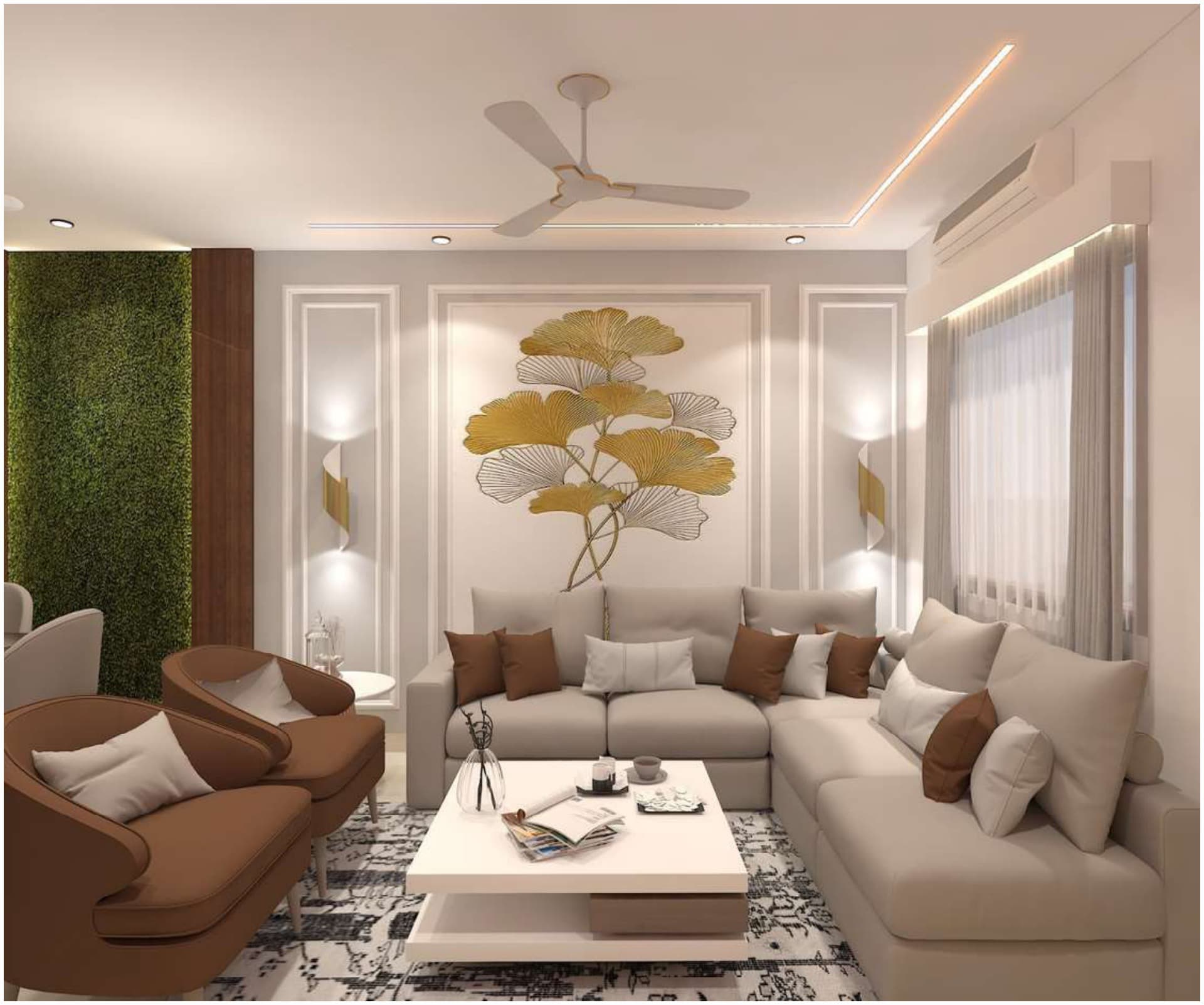 Living area 3D render: L-shaped sofa and armchairs facing a botanical wall art panel, with a living moss wall to the left