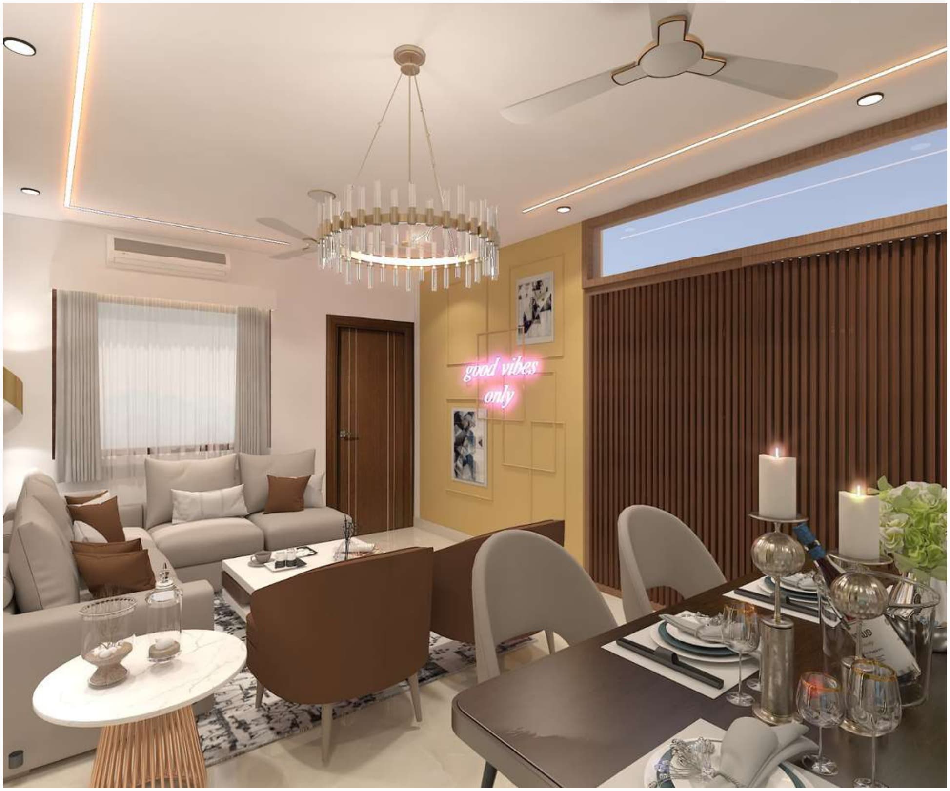 Living area 3D render: seating area opening toward the dining table, staircase, and a wood-fluted feature wall with neon signage