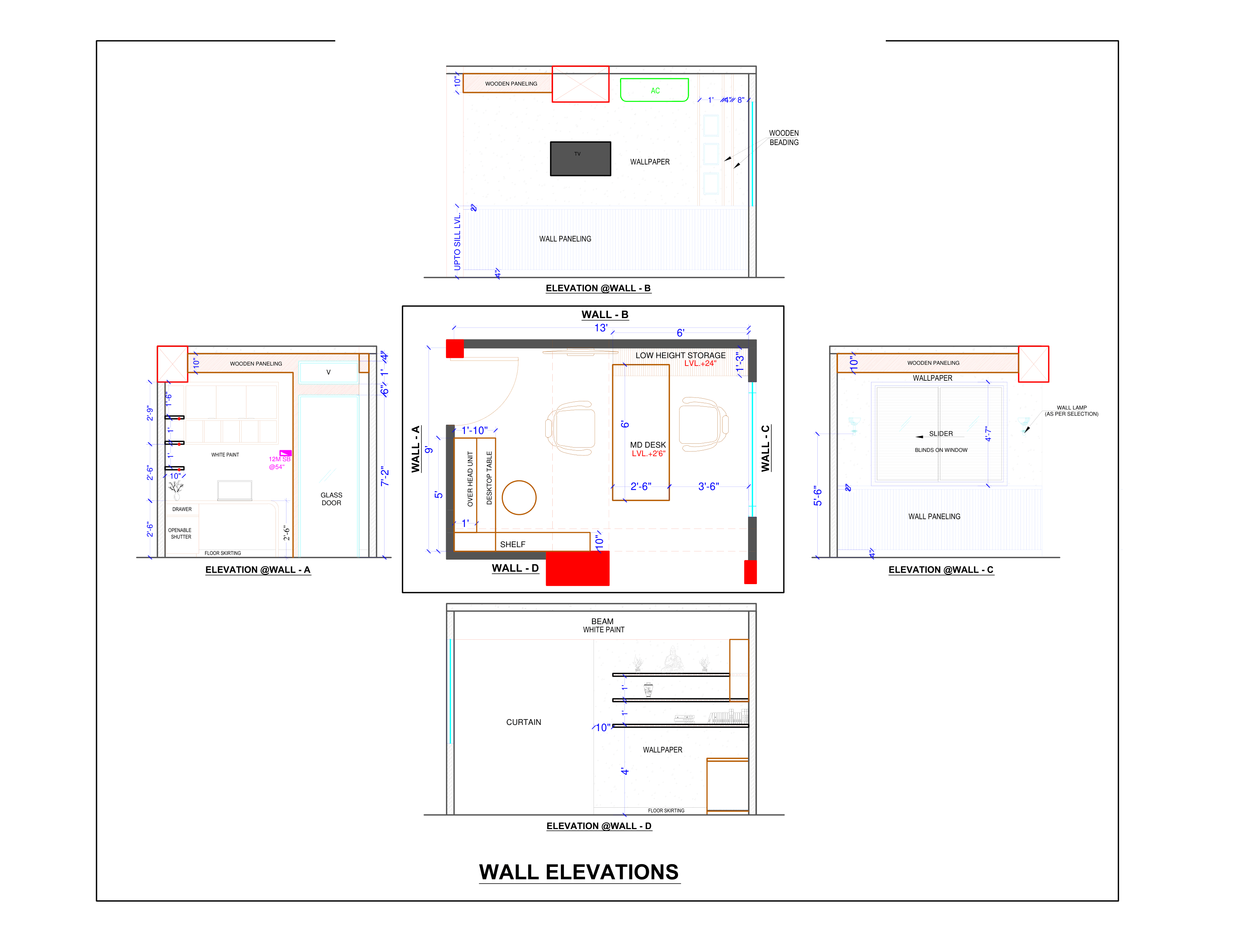 Office cabin wall elevation sheet showing elevations at walls A, B, C and D around a central furniture plan