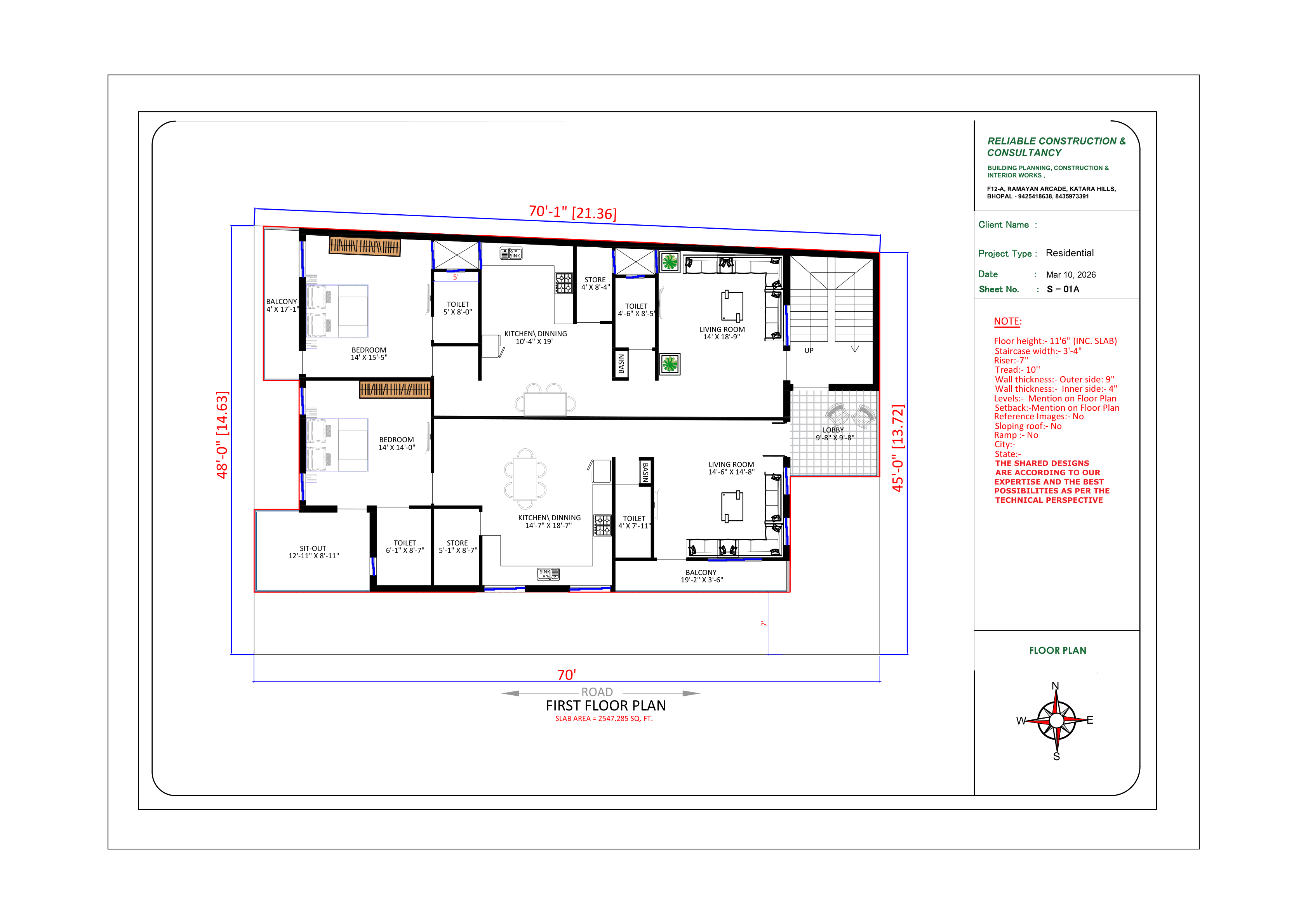 First floor plan for a residential project, showing bedrooms, living rooms, kitchen and dining areas, balconies and a sit-out