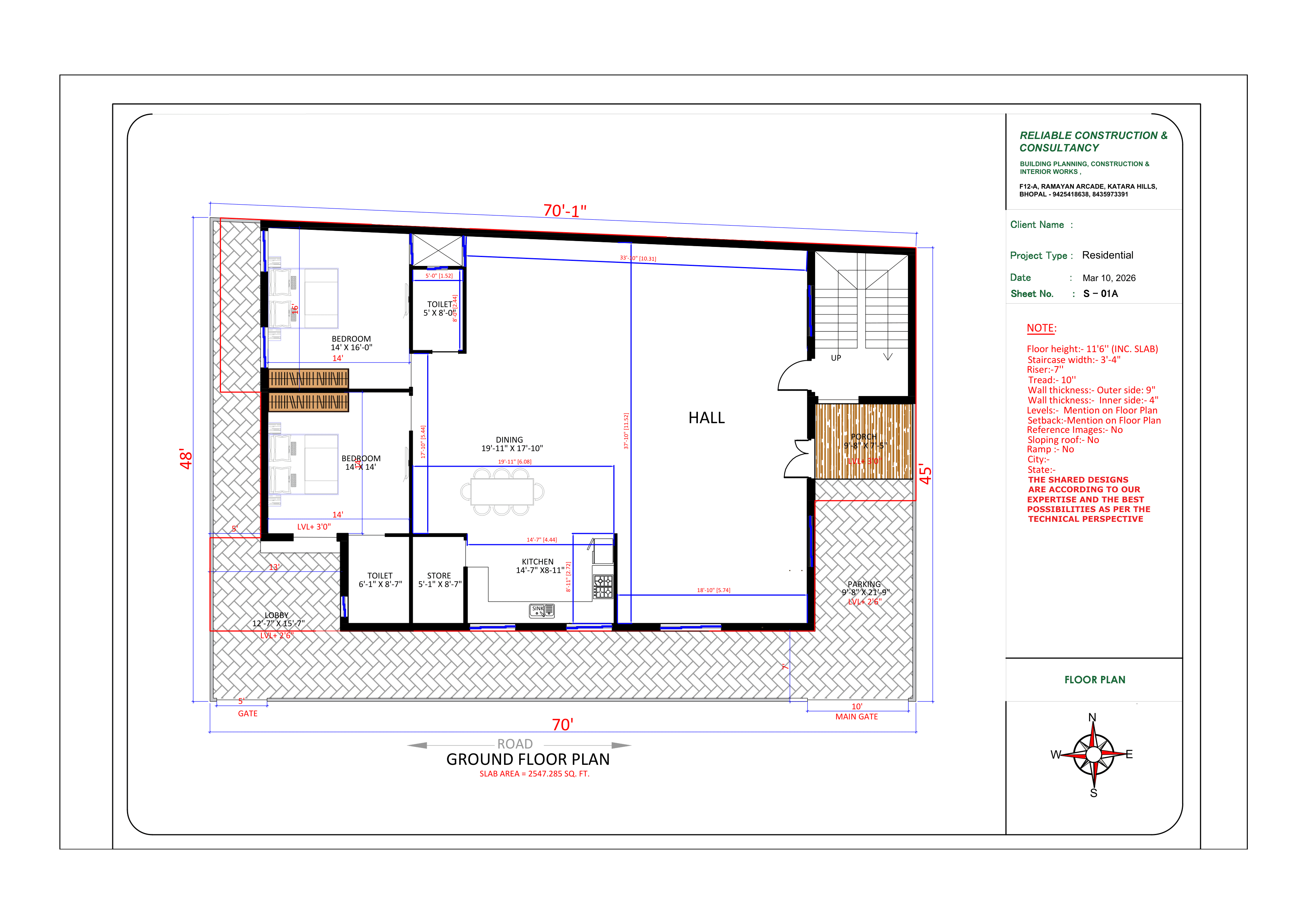 Ground floor plan for a residential project, showing bedrooms, dining, hall, kitchen, lobby, porch and parking