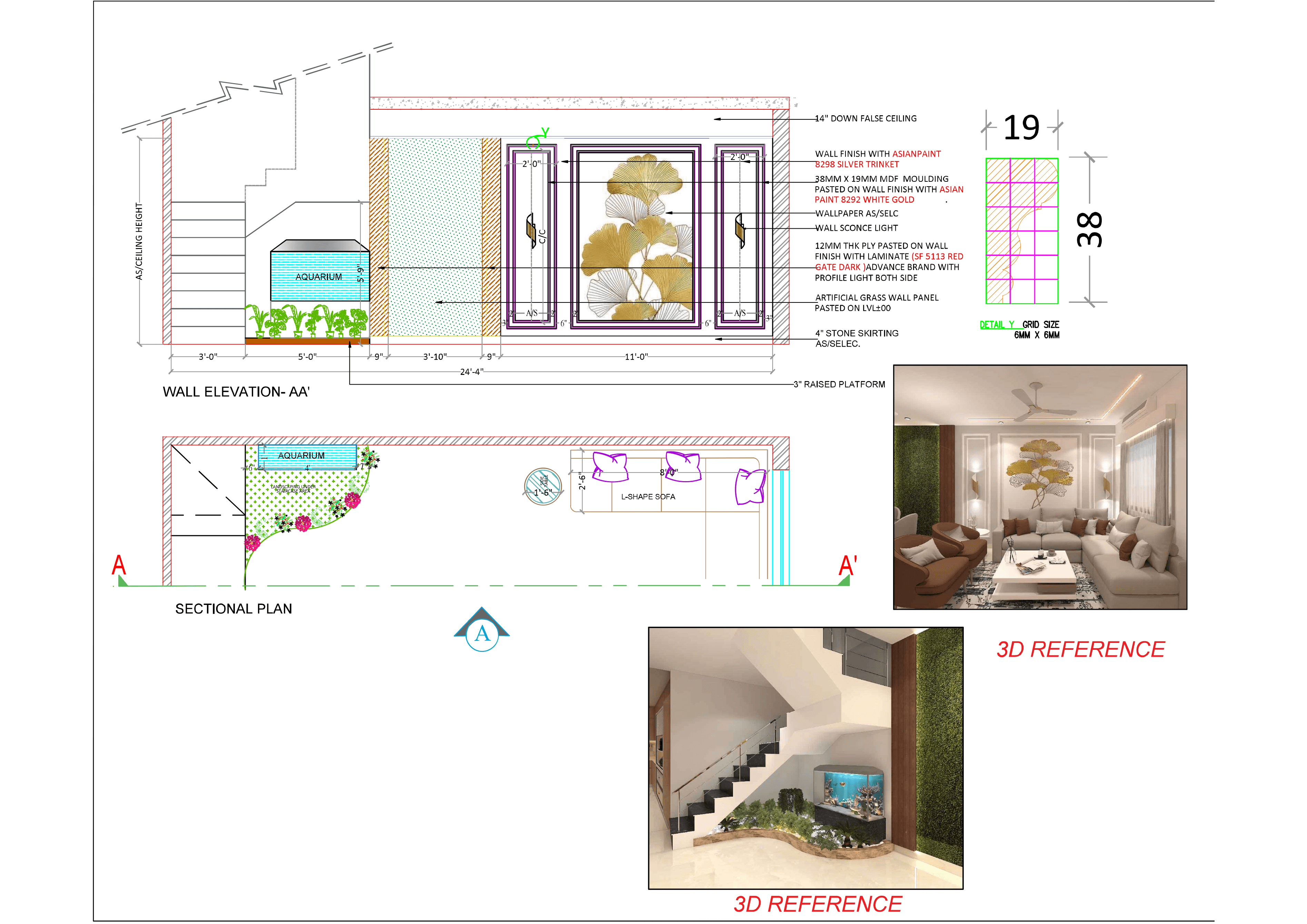 Wall Elevation AA' drawing with aquarium niche and feature wall detailing, alongside 3D reference renders