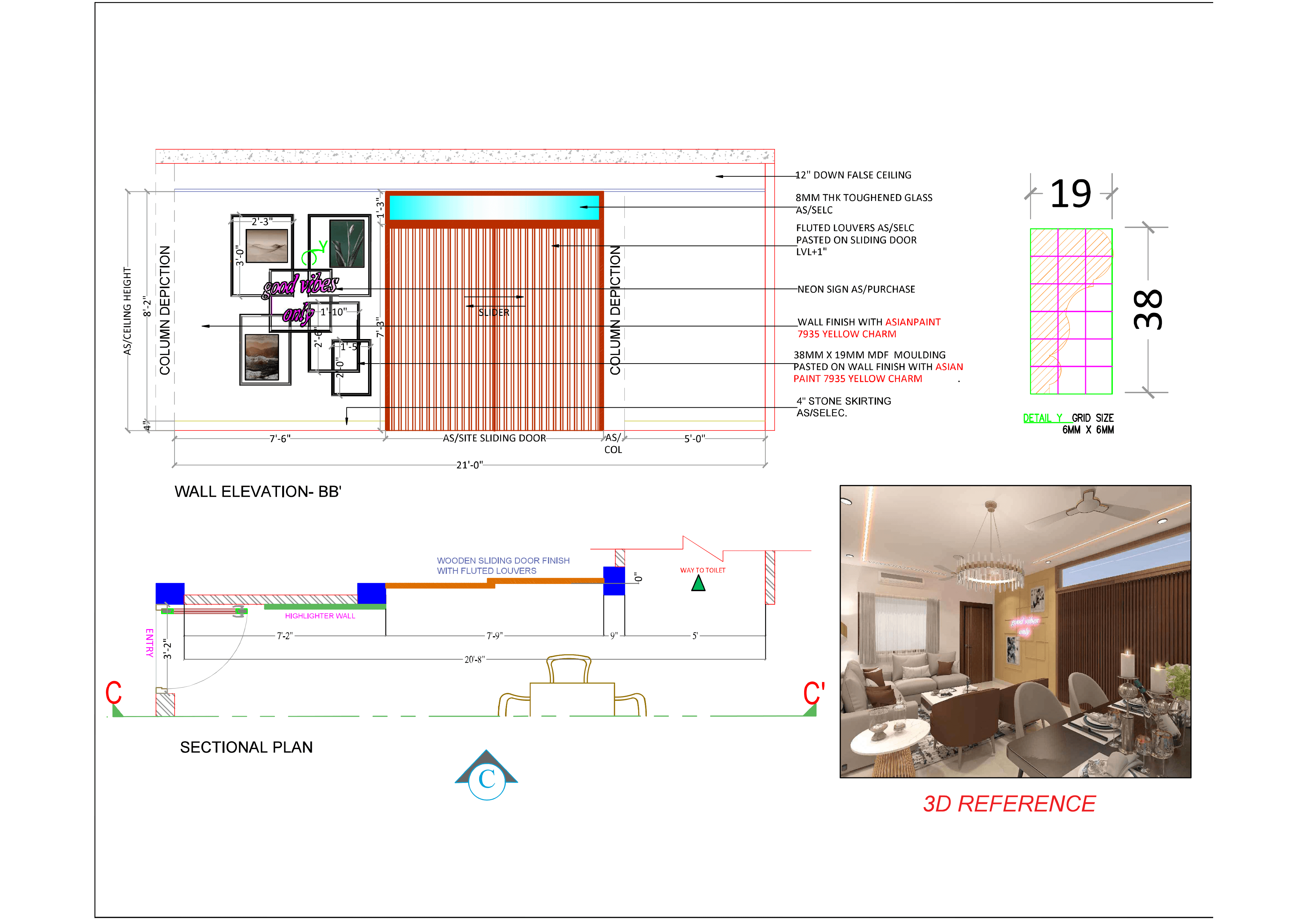 Wall Elevation BB' drawing with sliding door detailing, alongside a 3D reference render